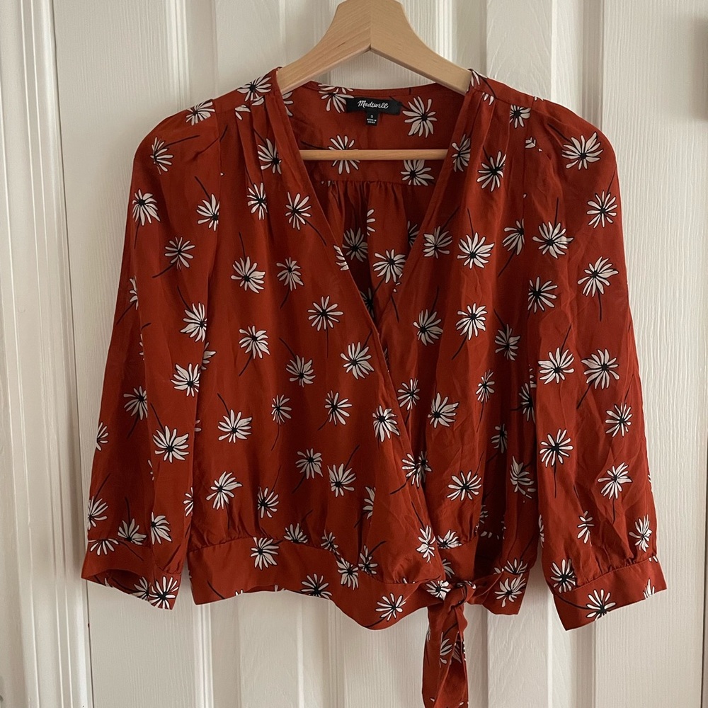 MADEWELL 100% Silk Floral Top 3/4 Bishop Sleeves Ruffled Waist Tie Size Small